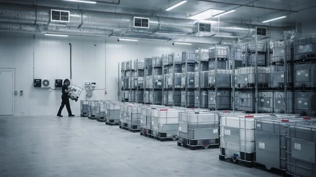 Medium shot of climatecontrolled warehouse storage with neatly stacked sealed gum drums and totes showcasing organized rows and temperature regulation equipment.