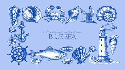 Vintage summer sea set. Retro sketch nautical vacation frame. Hand drawn vector illustration. Marine stickers © pim