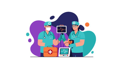 Naklejka premium Medical Team Providing Emergency Healthcare Services Heartbeat Monitor First Aid Kit Vector Illustration