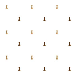 Wooden chess pieces, white and black rooks, forming a repeating pattern, symbolizing concepts such as planning, problem-solving, and competition. © Gesfera Images
