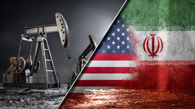 The scene shows an American flag alongside an oil pump and an Iranian flag, highlighting military tension and the impact of oil on relations