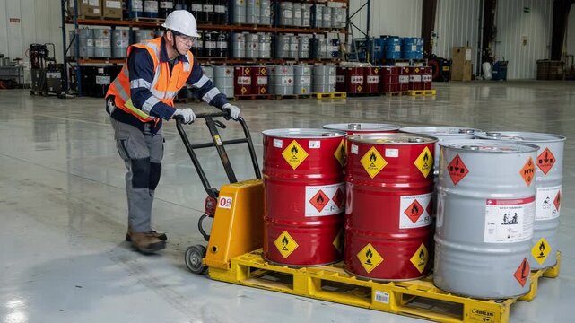 Workers carefully transporting labeled flammable drums using pallet jacks in an industrial warehouse with safety equipment and spill pallets.