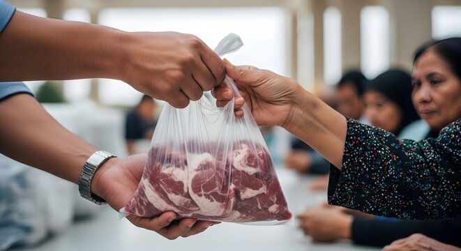 Person giving raw meat in plastic bag to woman, charity event