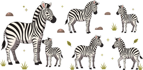 Zebra Family Vector Set Featuring Adult and Baby Zebras in Different Poses, African Wildlife Animals for Safari and Nature Design Illustrations © MdShakib