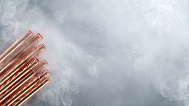 Cryogenic copper coils on gray backdrop, lab engineer inspecting prototype cooling array, clinical lighting, soft smoke, high contrast, technical textures, polished surfaces, copy space for text