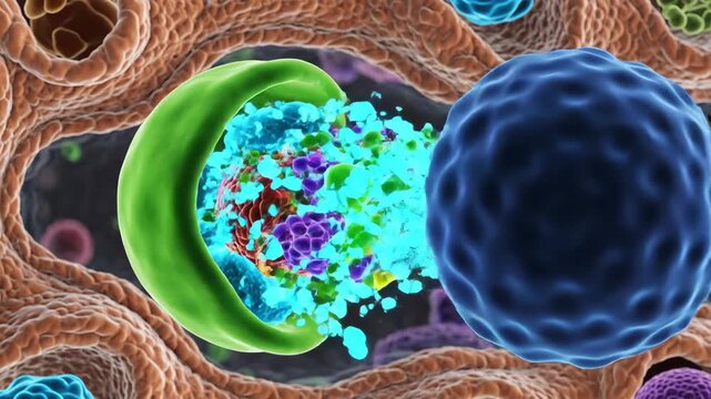The autophagy cellular self-cleansing mechanism is visualized through phagophore formation and lysosomal fusion stages, with double-membrane vesicle structure and organelle degradation processes