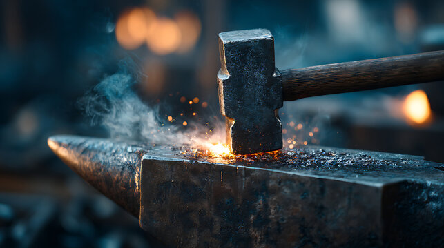 A closeup view of a hammer striking an anvil with sparks flying in a workshop setting with a dark background