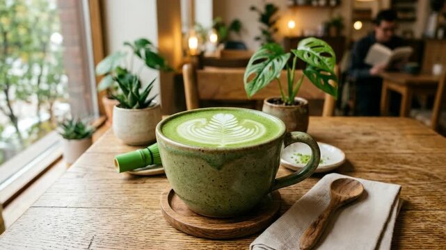 Fresh green matcha tea latte with beautiful rosette art on a wooden table inside a cozy indoor garden cafe