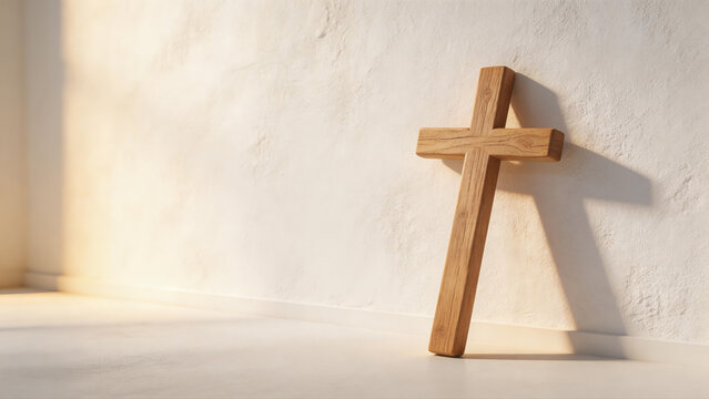 Simple handcrafted wooden cross leaning against a textured white wall with natural sunlight