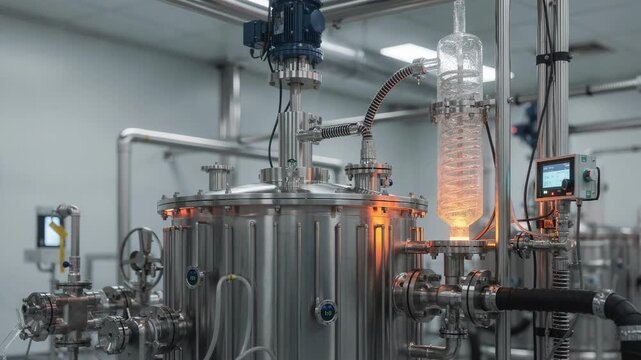 Medium shot of heated epoxy resin reactor with agitator and condenser in industrial synthesis setup capturing chemical processing environment and precise temperature control.