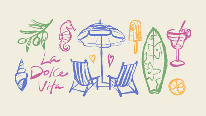 Hand drawn crayon tropical set. Dolce vita summer vibe. Vintage Italy Mediterranean coastal vacation poster. Vector sketch isolated illustration © pim