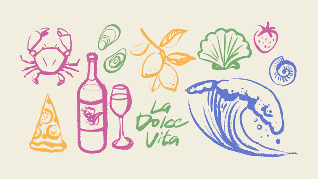 Hand drawn crayon tropical set. Dolce vita summer vibe. Vintage Italy Mediterranean coastal vacation poster. Vector sketch isolated illustration