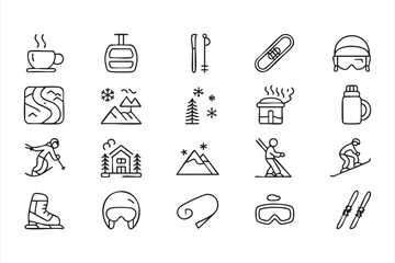 Fototapeta premium Snow and ski resort icon set with winter sports equipment and alpine travel elements