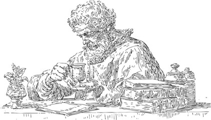 Naklejka premium Old scholar studying at a desk with books, holding a cup, vintage engraving drawing illustration