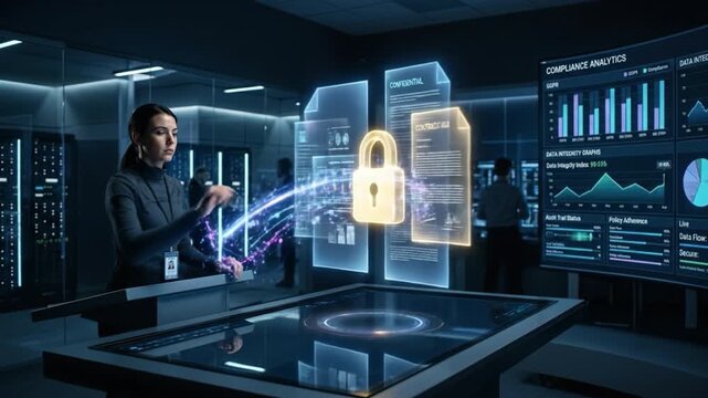 Data security cybersecurity digital lock holographic interface protection technology woman server room data analytics compliance monitoring secure data transfer futuristic information technology