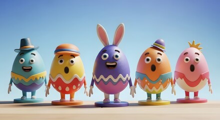 Fototapeta premium Colorful Easter eggs with surprised faces and accessories