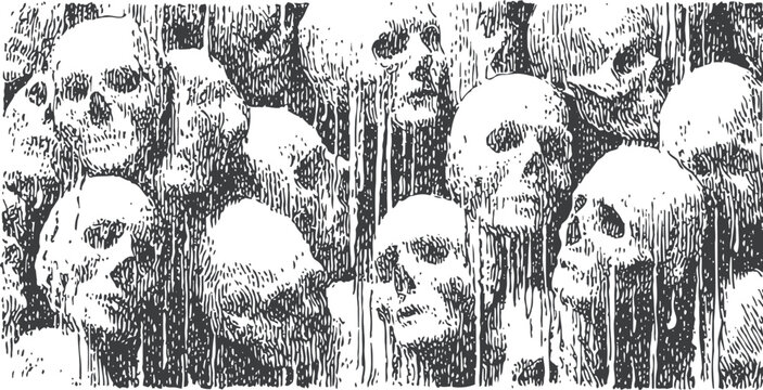 illustration of multiple human skulls stacked with dripping texture in black and white engraving