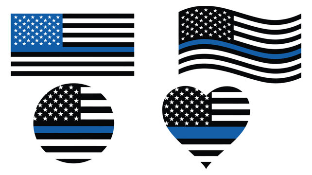 Support for law enforcement USA flag with thin blue line design, American flag with blue stripe symbolizing police support, patriotic concept illustration isolated on white background.