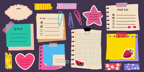 Naklejka na ściany i meble Cute memo paper frames with colorful stickers and doodle elements, cartoon vector set of illustrations. School notebook pages, diary sheets, and decorative tape for kids journals and planners.