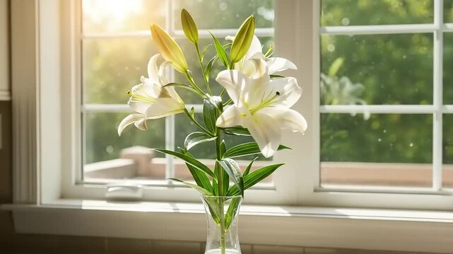 White Lilies in Vase by Window.