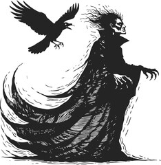 Fototapeta premium dark cloaked figure with flowing tattered robes and a menacing raven flying beside