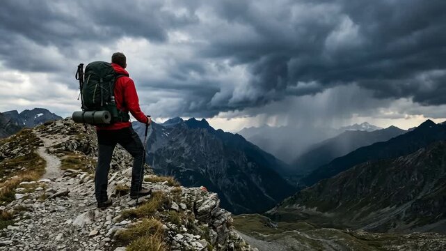 Male hiker with backpack standing on mountain ridge looking at dramatic storm clouds and rain over alpine valley
