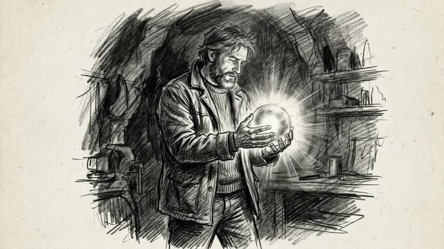 Pencil sketch illustration of a bearded man holding a glowing mystical orb inside a dark workshop basement