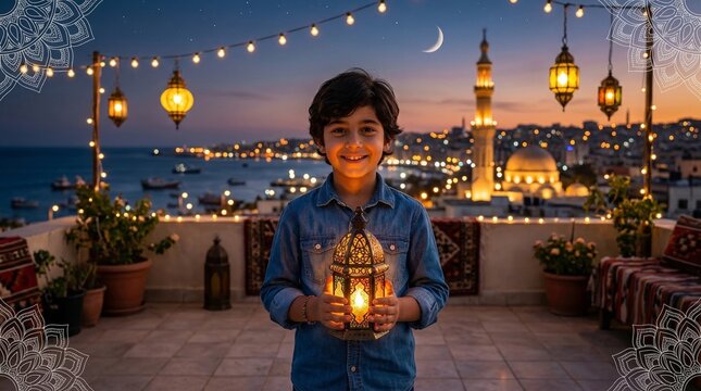 a happy young child - 12 or so - holding a ramadan lantern in Saida, Lebanon at sunset. Place the child on the right side of the image. blue and sunset hues. Include arabesque with low opacity  