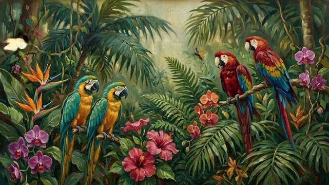 Oil painting of colorful macaws perched among tropical flowers and lush palm leaves in a dense jungle forest landscape