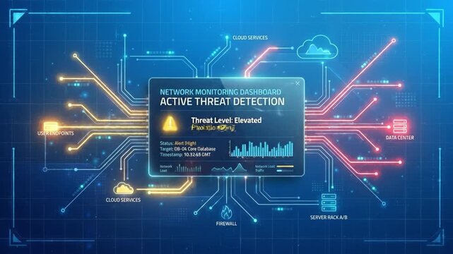 Network monitoring dashboard active threat detection alert elevated status with firewall cloud services data center connections showing suspicious activity in digital cybersecurity interface
