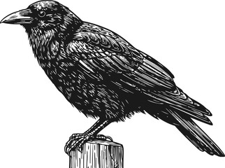 Fototapeta premium Detailed black raven perched on wooden post, intricate feather texture, bird illustration