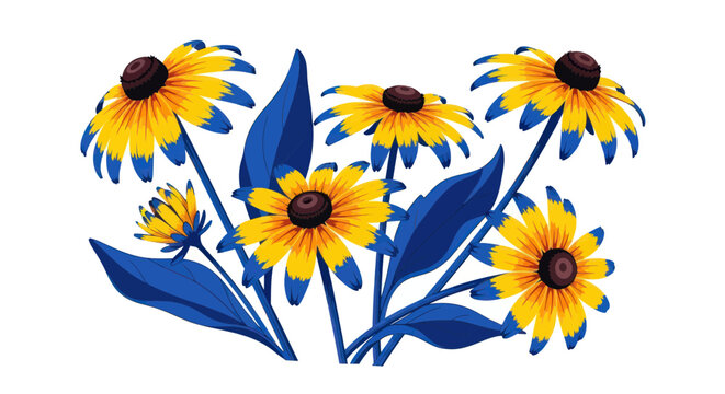 Vibrant Yellow and Blue Black-Eyed Susans Flowers with Deep Blue Leaves