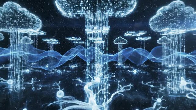 An abstract futuristic technology data wave background glows with a radiant blue AI data stream as digital networks and innovation signals pulse through a luminous cyberspace.