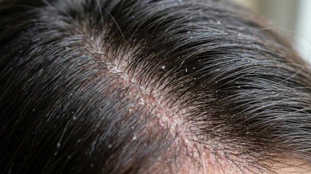 Extreme macro shot of human scalp with dandruff and white dry skin flakes in dark hair
