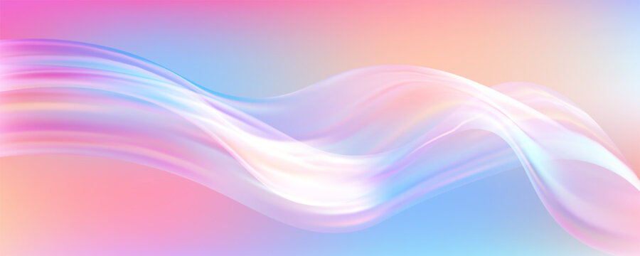 Pink holographic gradient with iridescent pastel waves, abstract 3D rainbow foil texture, fluid glass shimmer, soft ombre light effect, pearlescent chrome patterns. Vector Illustration.