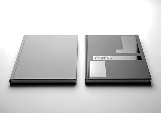 Minimalist presentation of a blank and spot UV finished slim soft cover book mockup template