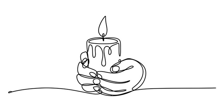 Continuous line drawing of hands cupped around a lit candle with melting wax.