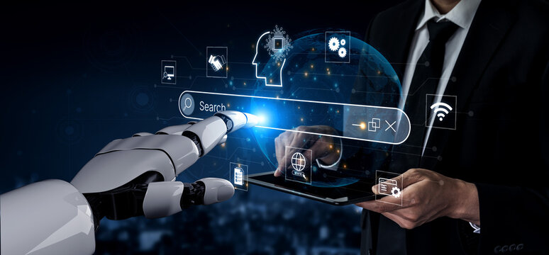 Artificial intelligence AI search concept enabling smarter discovery, recommendations to digital services and knowledge. Generative AI search engine algorithm provide user intent result. Corpus