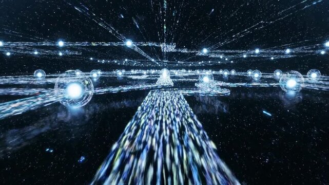 Abstract space journey through luminous structures and glowing orbs against a starry background