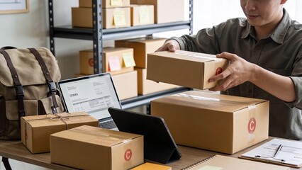 Fototapeta premium A modern ecommerce workspace featuring a person organizing packages, laptops, and tablets amidst clean, minimal packaging, ideal for online retail and shipping concepts.