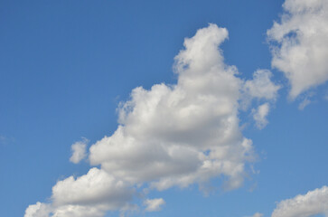 Fototapeta premium White fluffy cloud in the middle of deep blue sky. Nature, beautiful weather, sky in sunny day.