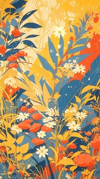 City Pop Dreams, vibrant anime illustration featuring Traditional Lao sinh textile patterns, intricate floral designs in soft earthy tones, bold outlines, and pop art influences.