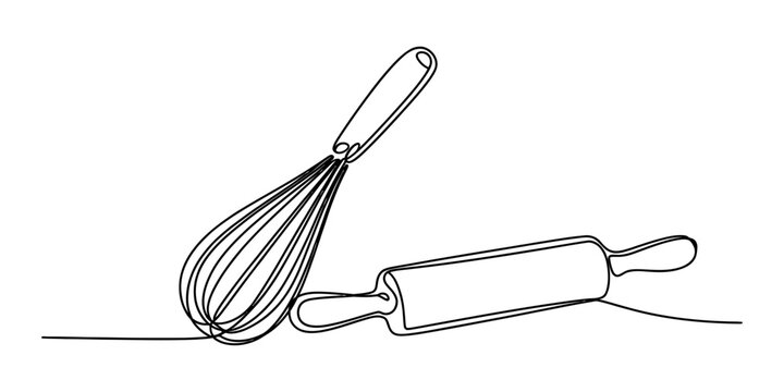 Continuous one line drawing of a kitchen whisk and a rolling pin for baking and cooking