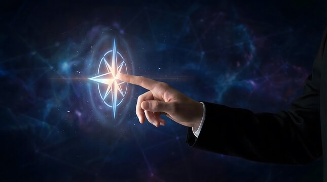 Businessman hand touching a glowing blue holographic digital compass star on a dark network background