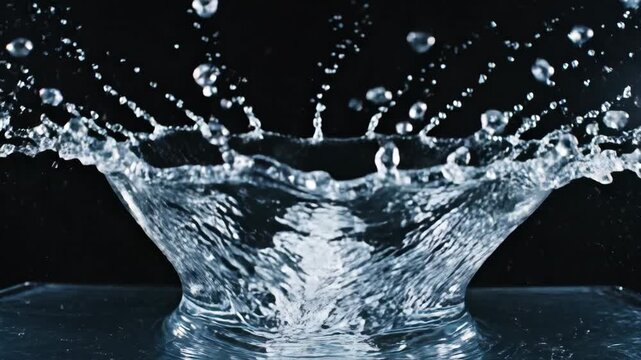 A three-dimensional slow-motion water splash erupts upward against an isolated black background, its fluid form suspended in cinematic deceleration.