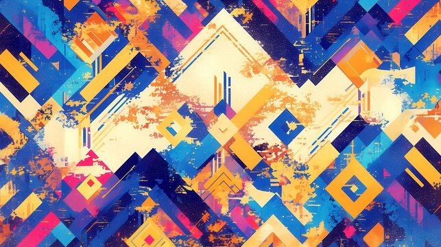Vibrant Geometric Ikat City Pop Design, inspired by Indonesian textile art, featuring bold colors, woven texture effect, and seamless patterns, perfect for apparel and modern aesthetics.