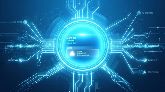 Glowing blue digital network interface with advanced cybersecurity system monitoring data connections, firewall protection, cloud server alerts, and secure technology for anomaly detection