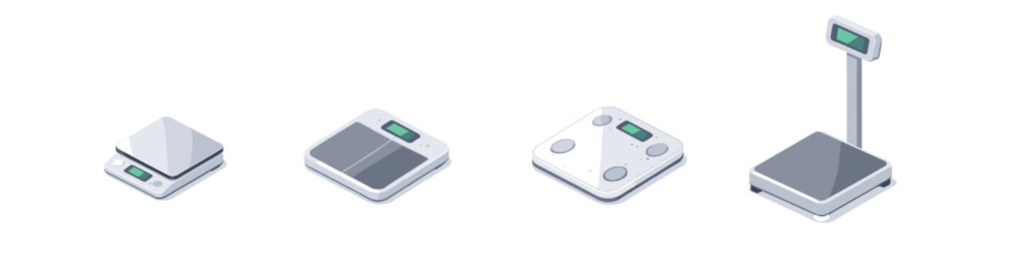 Collection of four different isometric digital scales on a white background