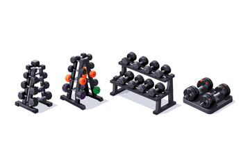 Obraz premium Collection of various dumbbell racks and weights in a clean isometric illustration