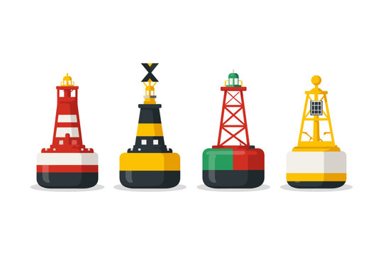 Collection of four distinct navigational buoys with varied designs and colors on a white background